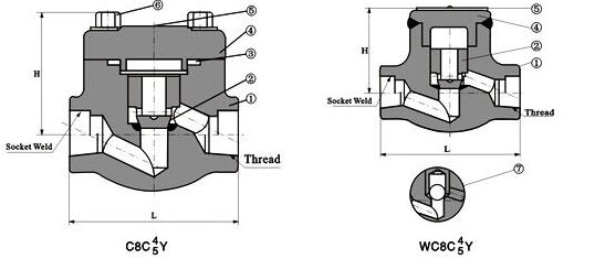 內螺紋與承插焊鍛鋼止回閥結構圖